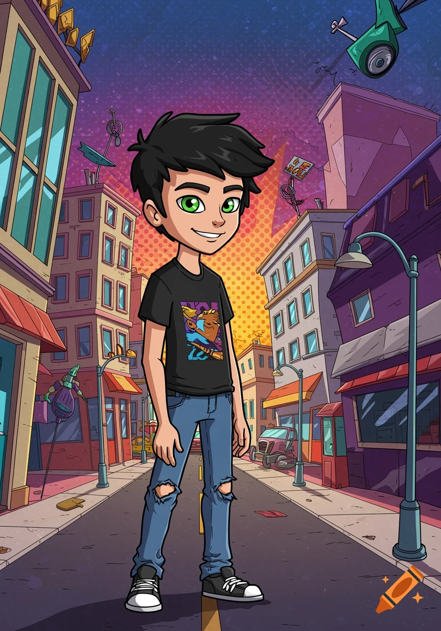 Cartoon boy standing on a city street.