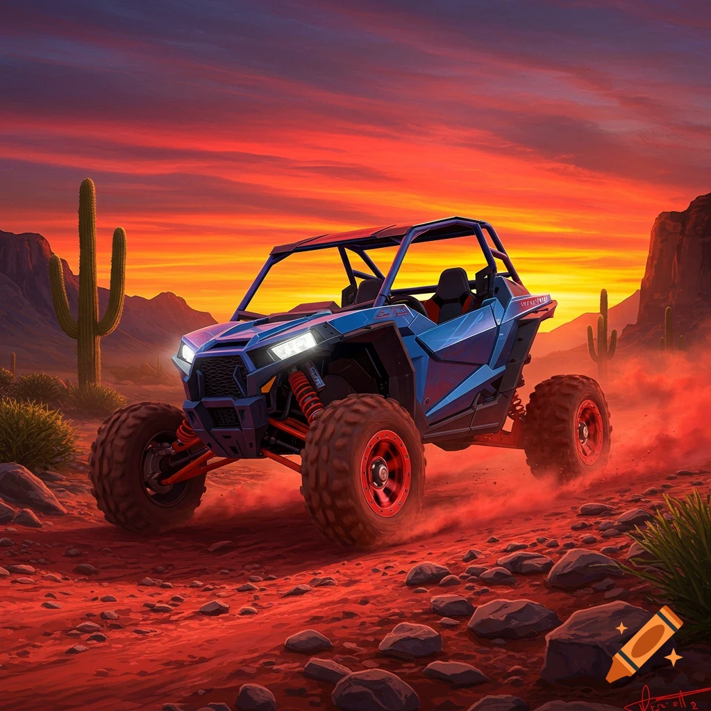 Blue side-by-side off-road vehicle driving through a red desert at sunset.
