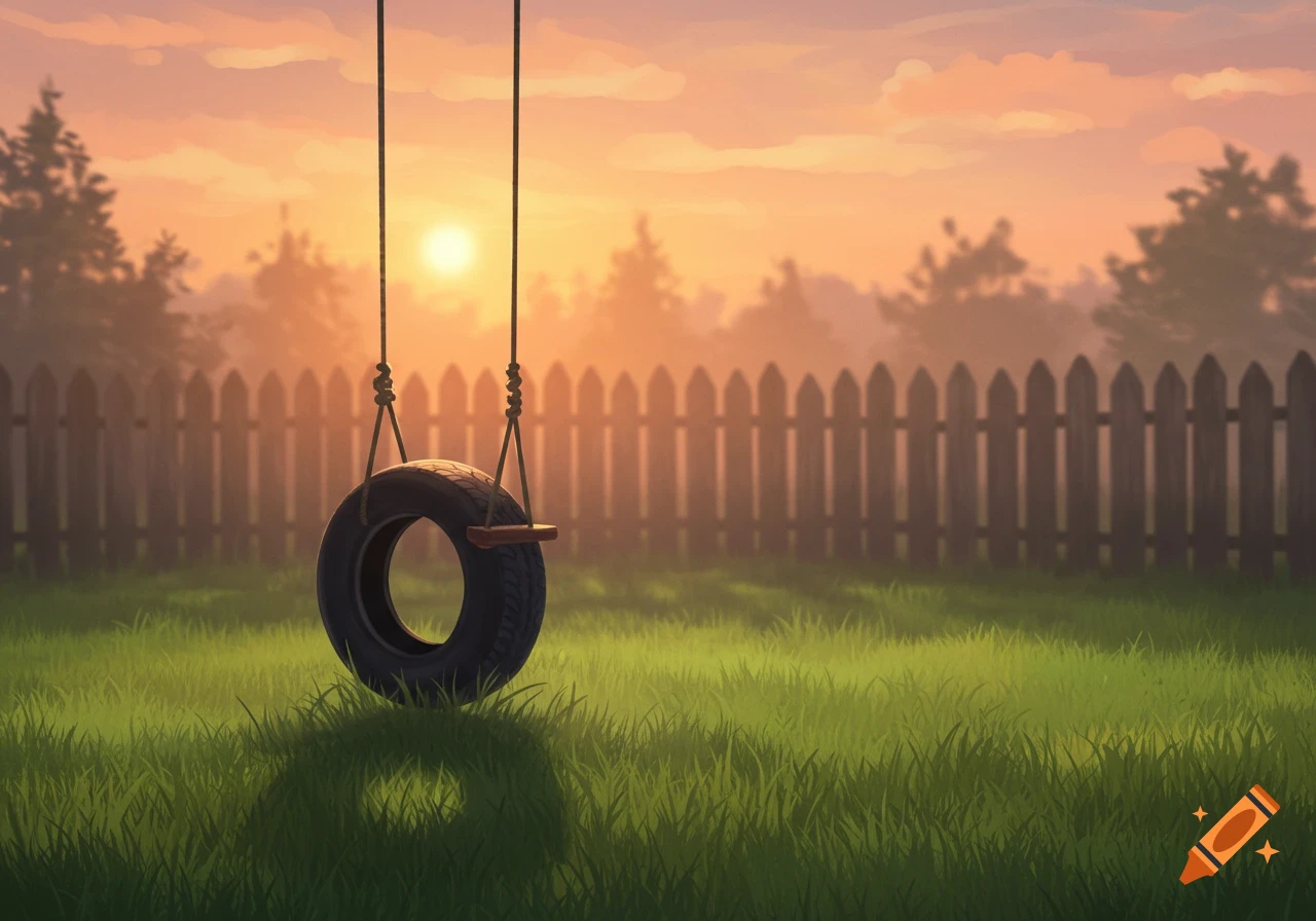 Illustrative image of a tire swing in a blurry backyard at sunset.