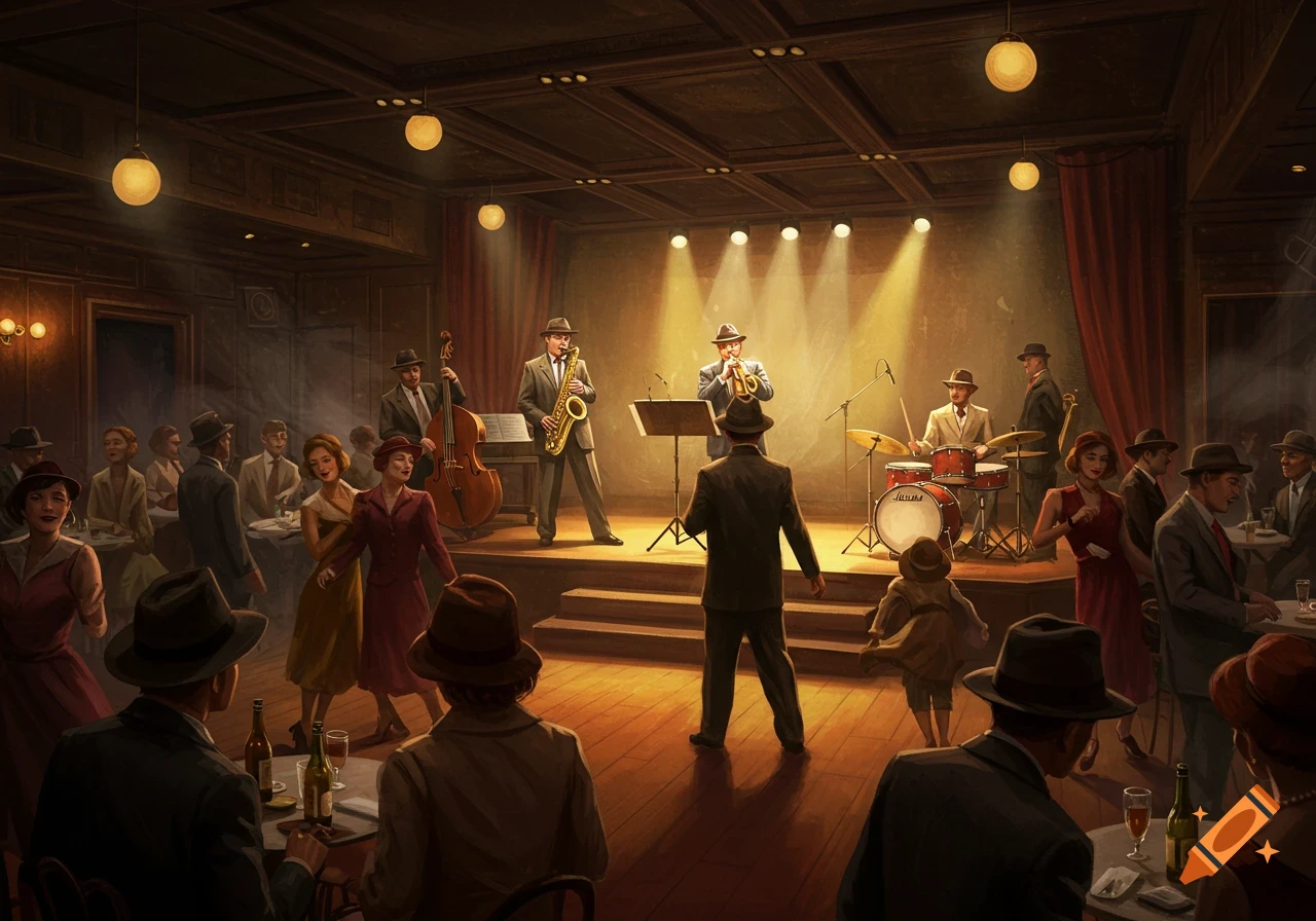 A retro illustration of a jazz band playing on a stage in a dimly lit 1940s club filled with patrons.