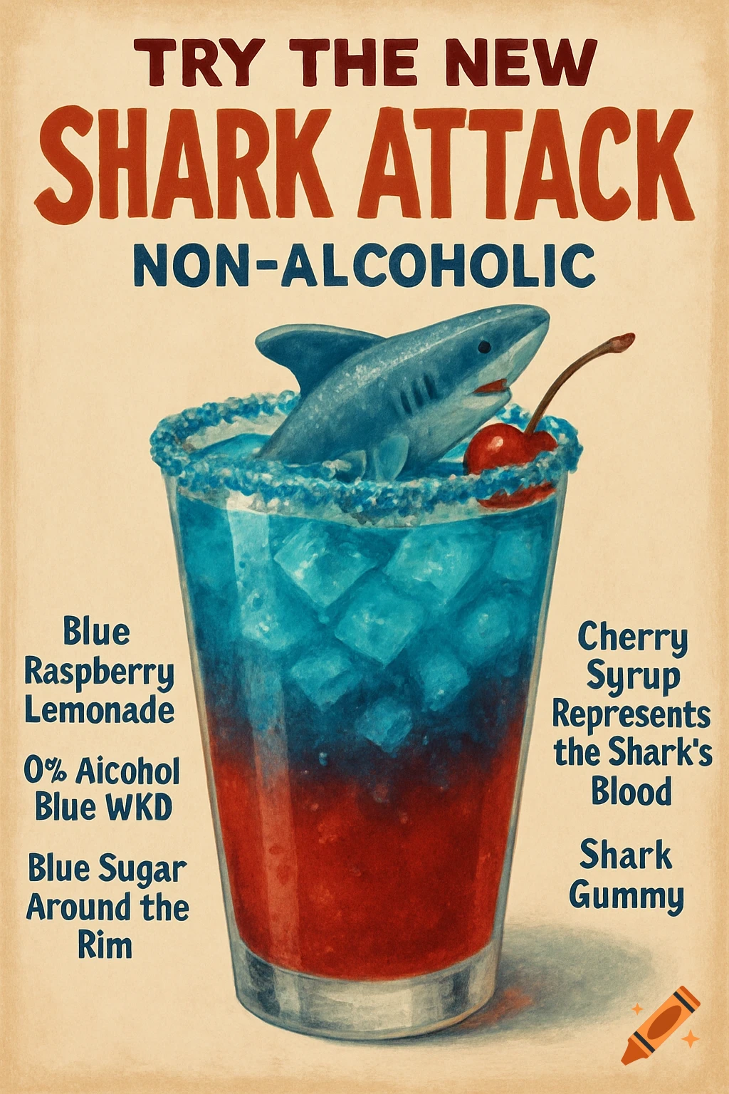 Advertisement poster for a non-alcoholic 'Shark Attack' drink with a shark gummy, retro illustrated style
