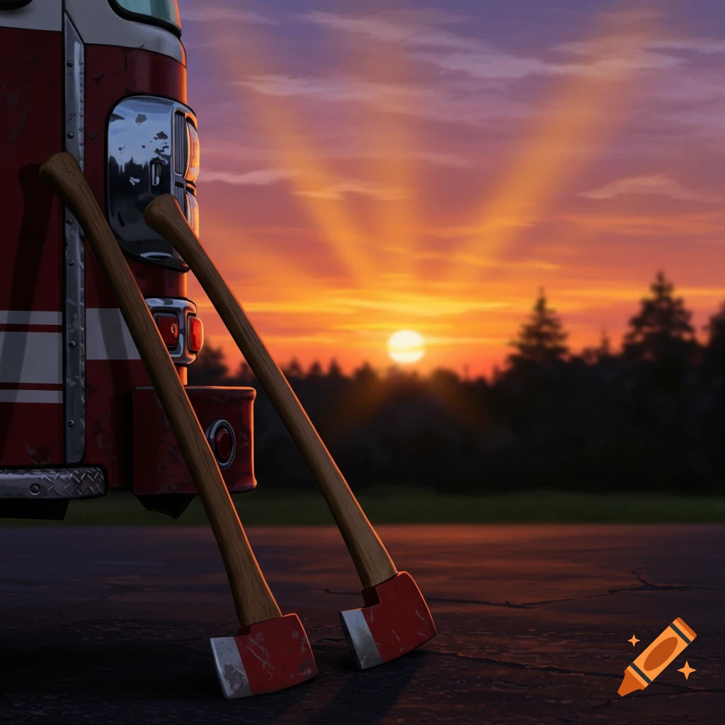 Two fire axes lean against a red fire truck at sunset with sun rays in the sky.