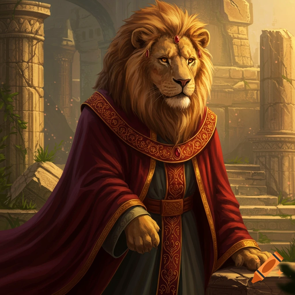 A majestic lion wearing a red and gold robe stands among ancient ruins