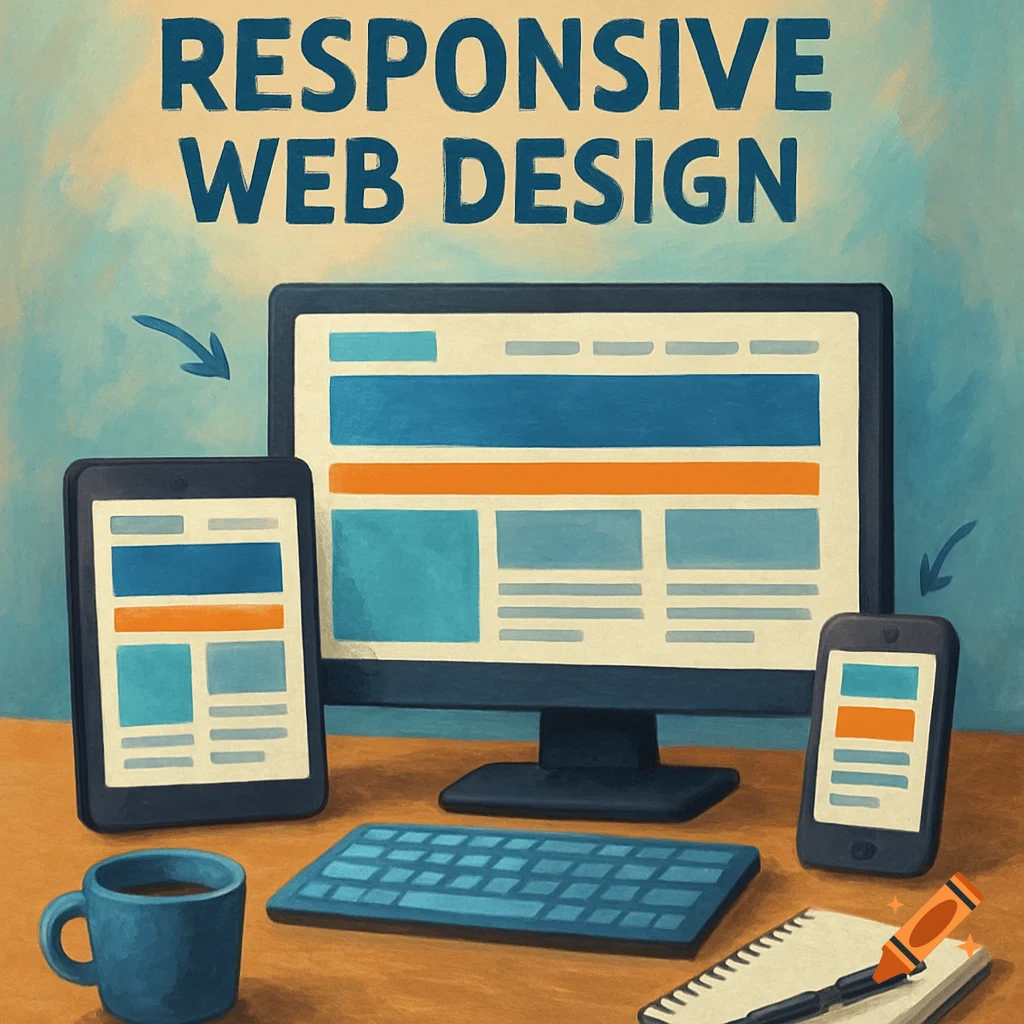 Illustration of a computer, tablet, and phone showing a responsive website, with text 'RESPONSIVE WEB DESIGN'