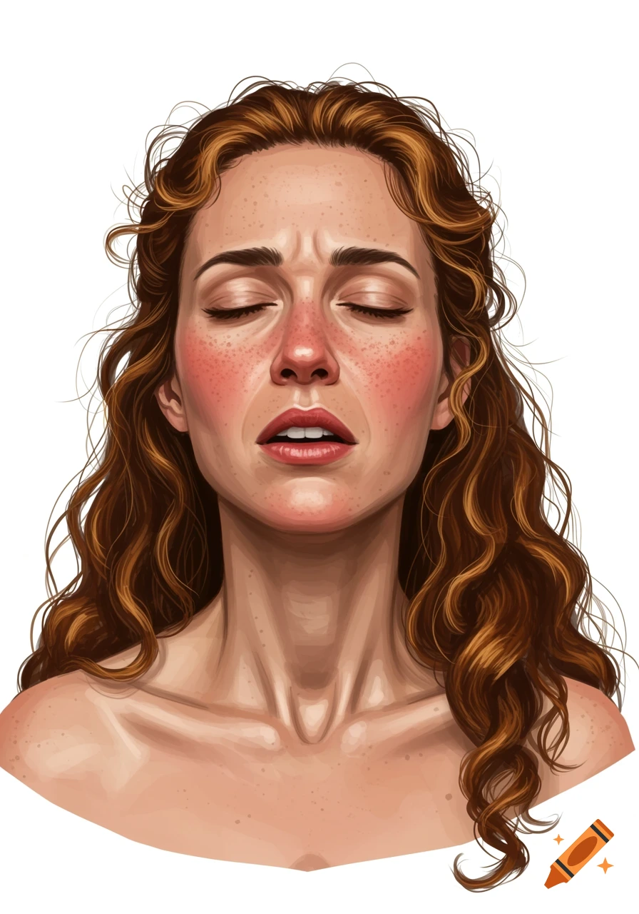 Close-up portrait of a woman with eyes closed, furled brow, and open mouth, showing emotion.