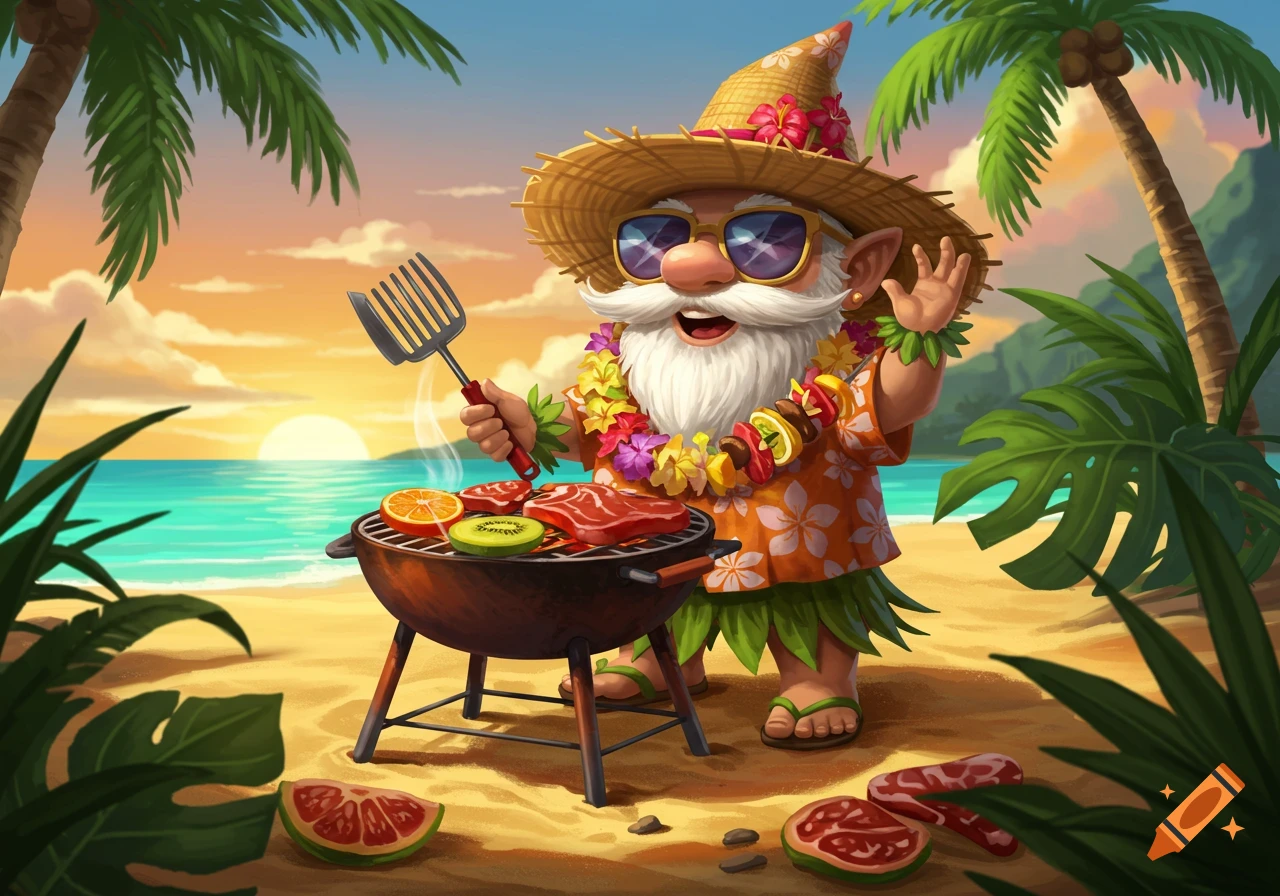 Cartoon gnome grilling on a tropical beach at sunset