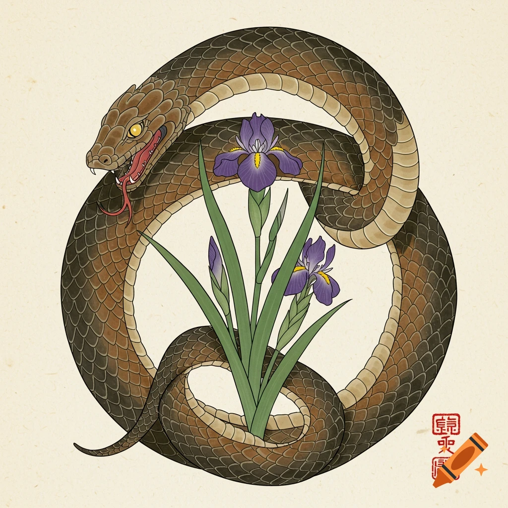 Japanese art illustration of a brown snake coiled around purple irises.