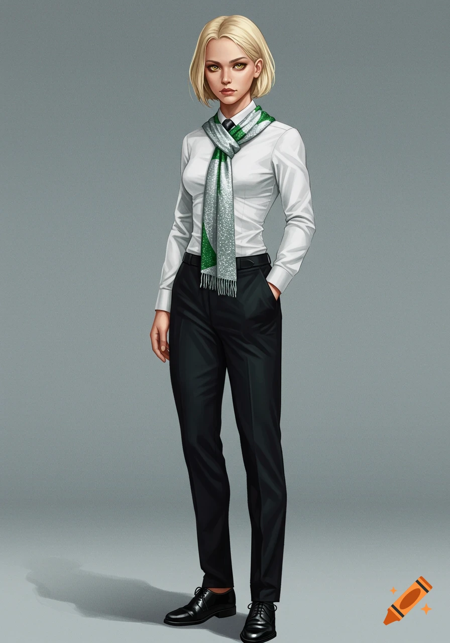 Full body illustration of a blonde woman with short hair and golden eyes wearing a white shirt, black pants, black shoes, and a silver and green scarf.