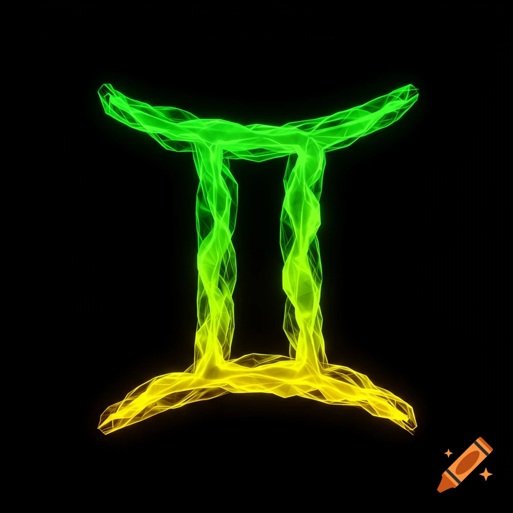 Luminous Gemini zodiac symbol in green and yellow on a black background.