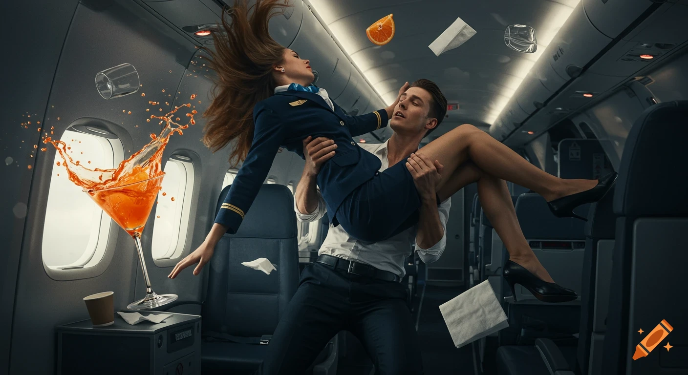 Photorealistic scene of a man holding a flight attendant during turbulence in an airplane cabin, with a cocktail splashing.