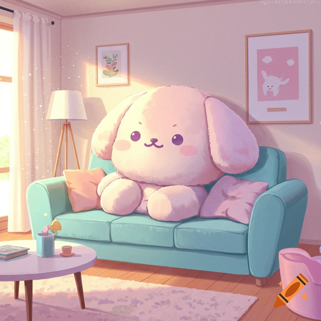 Cute pink plush toy with floppy ears on a teal couch in a pastel room.