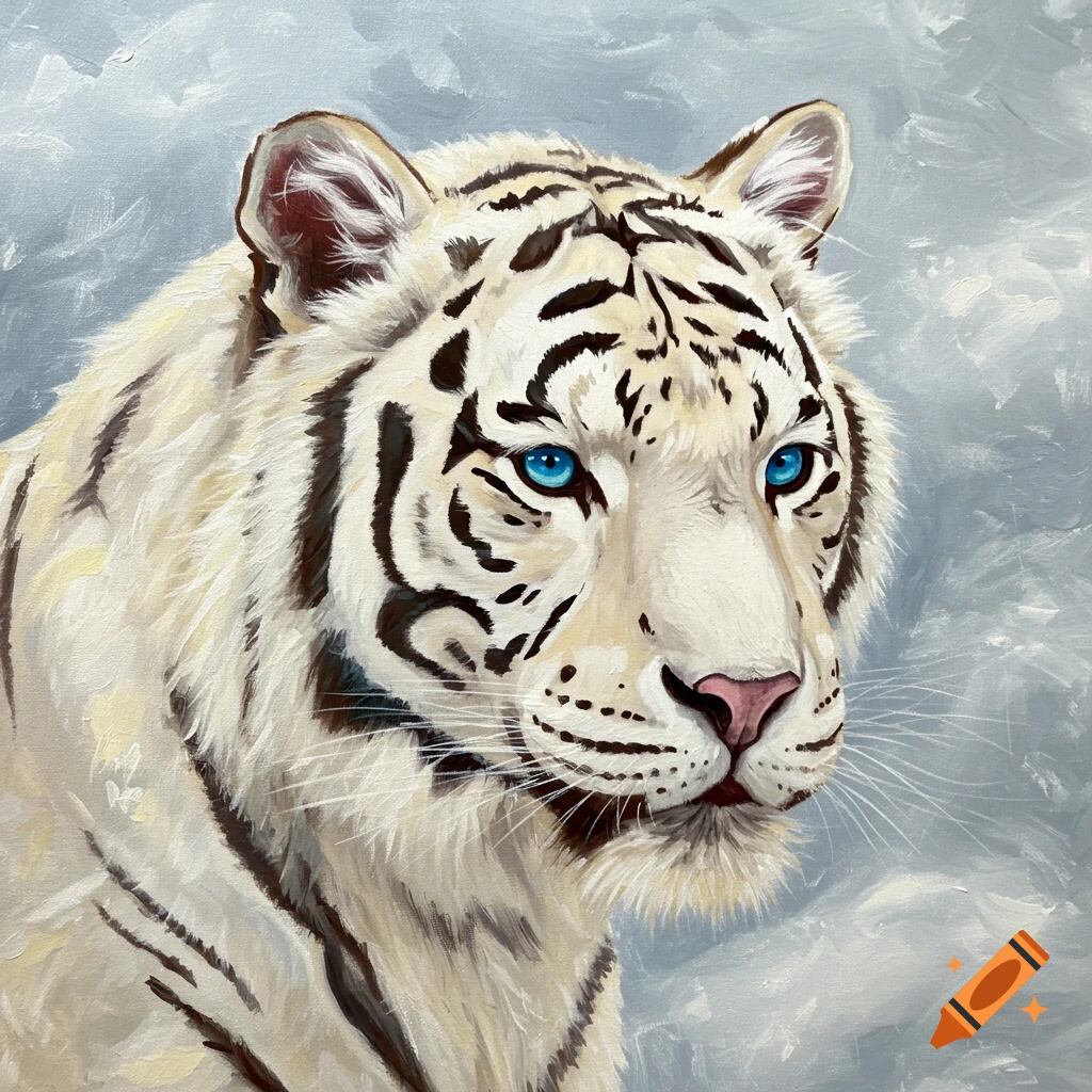 Painting of a white tiger with blue eyes.