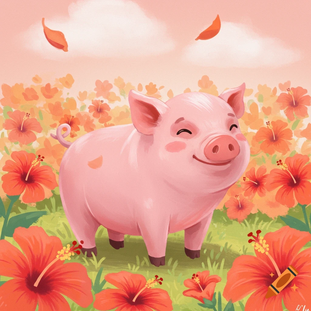 Cute cartoon pig in a field of orange flowers