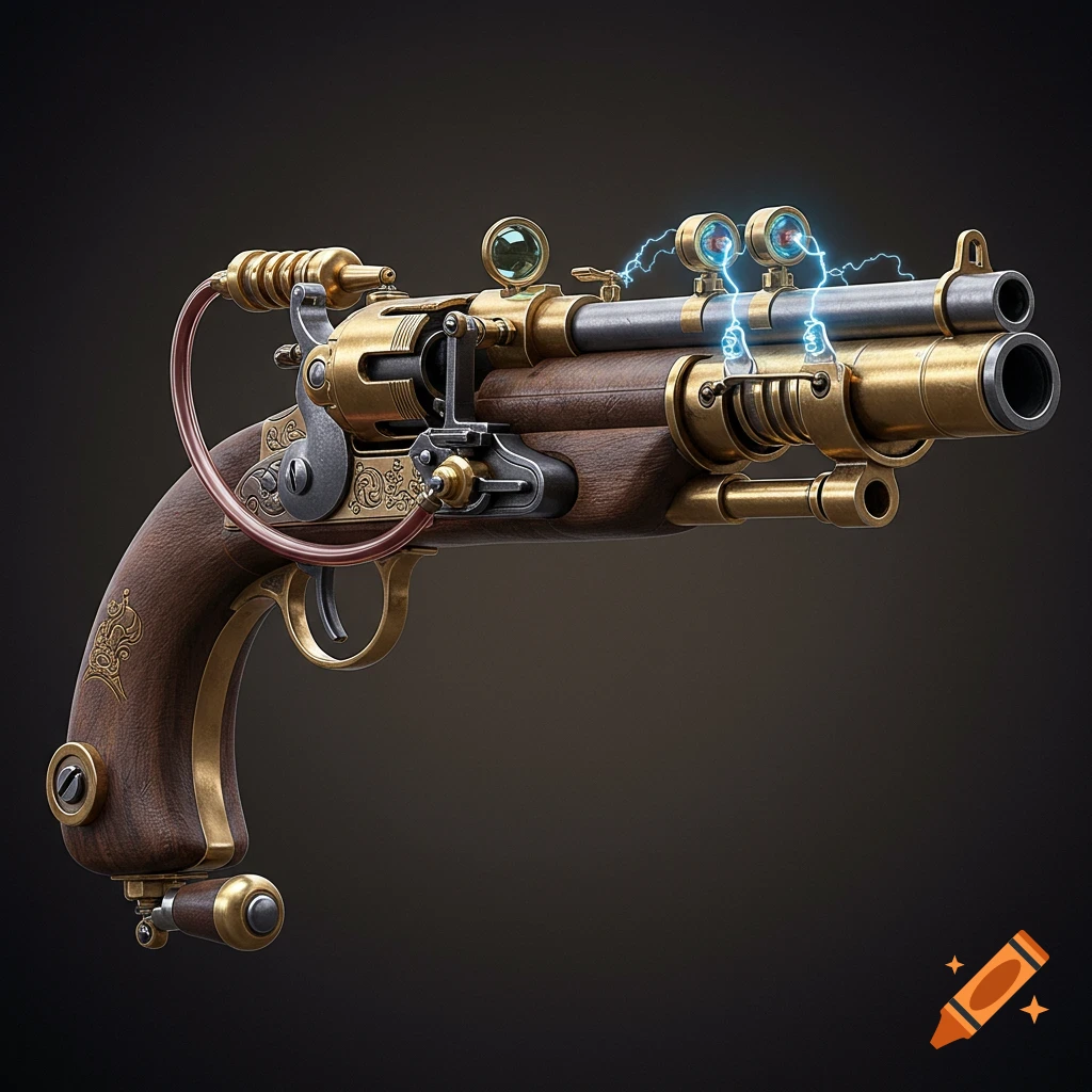 A detailed steampunk pistol with brass and wood components, gears, tubes, and glowing blue electrical sparks.