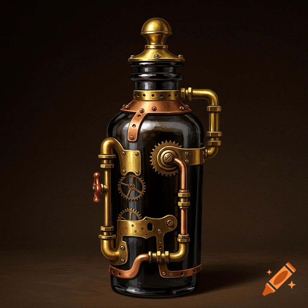 A dark glass bottle in a steampunk style, decorated with brass pipes, gears, and a valve.