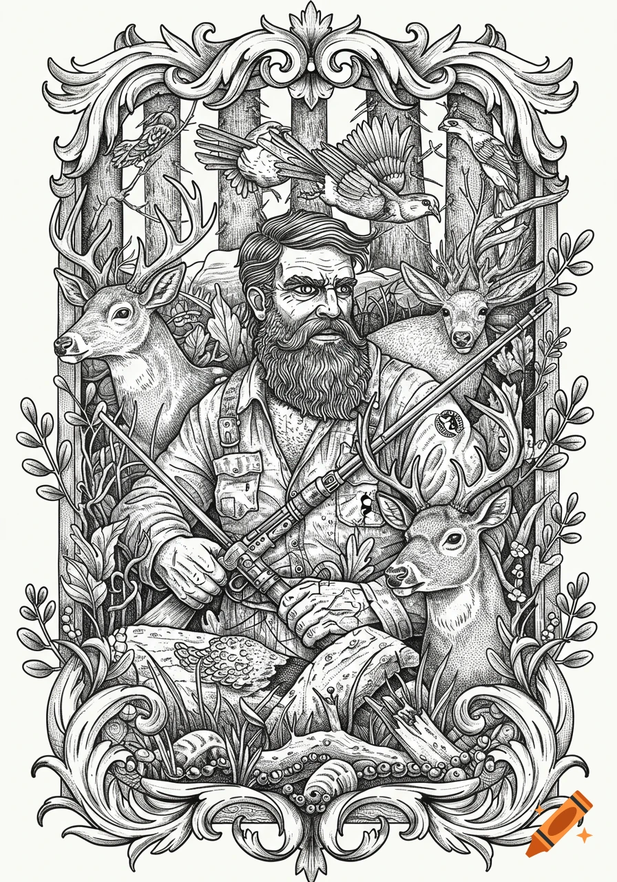 Black and white illustration of a bearded hunter with a rifle, surrounded by deer and birds, in a decorative frame.