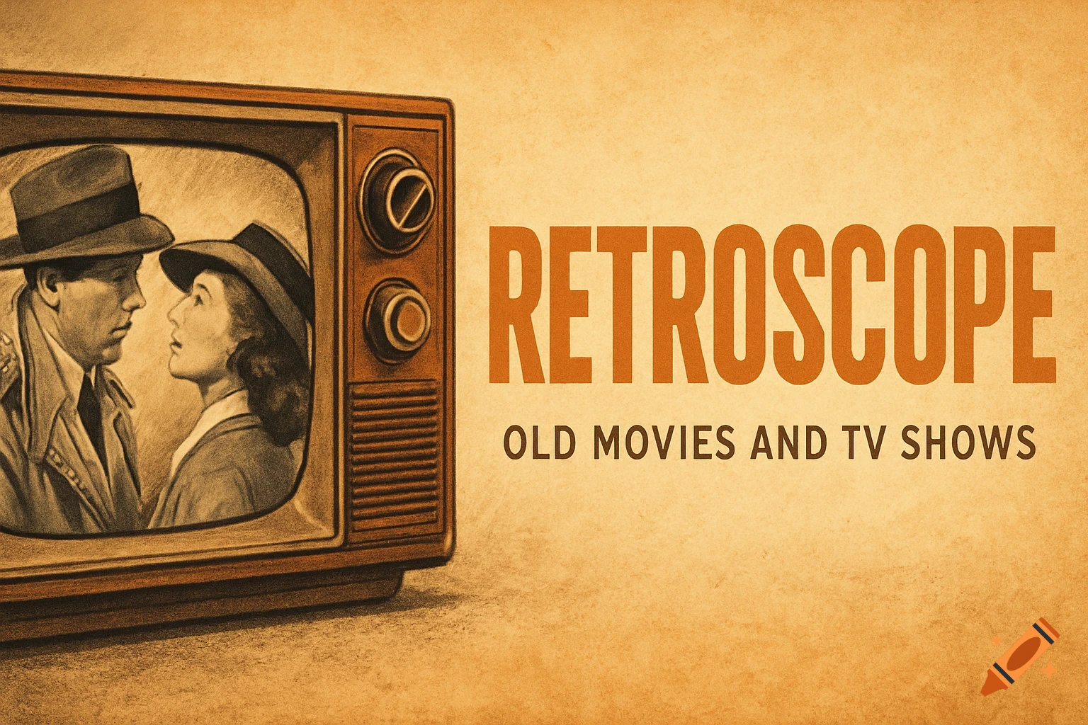 Vintage TV with a sketch of a couple and text 'RetroScope Old Movies and TV Shows'