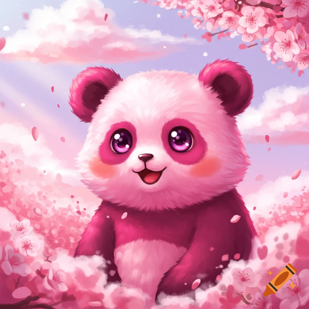 A cute pink panda sits among pink cherry blossoms under a cloudy sky, digital painting.