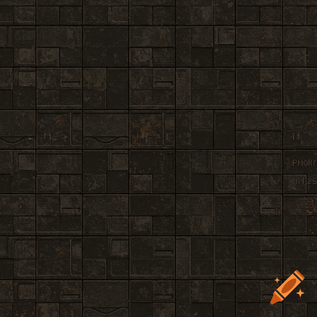 A seamless tiling texture of dark, grungy metal plating panels in a retro style.
