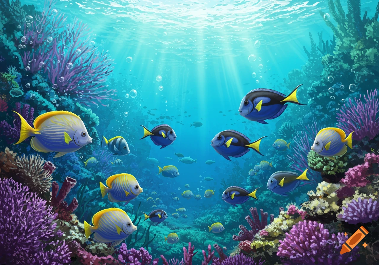 Colorful fish swim among purple and pink coral reefs in clear blue water