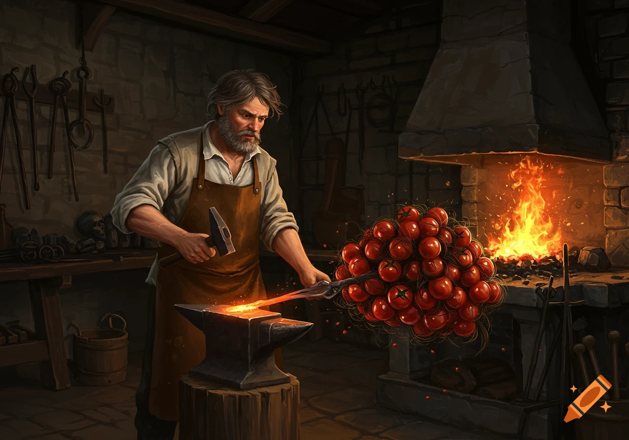 A blacksmith hammers a cluster of tomatoes on an anvil in a dark forge.