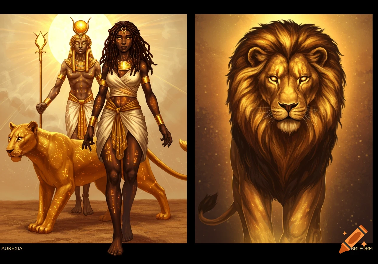 Fantasy Egyptian figures, a lioness, and a lion in a desert with a sun, digital art.