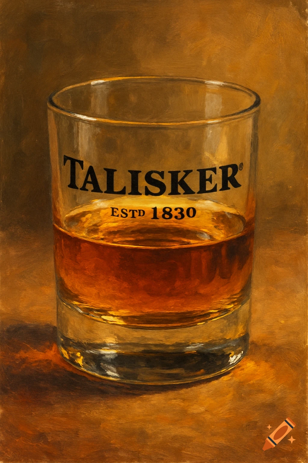 Still life painting of a glass of whisky