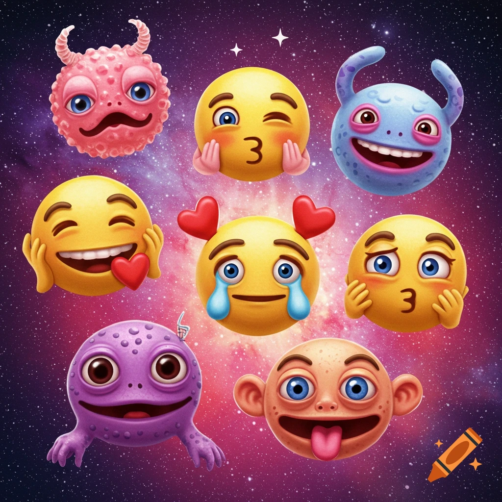 Cartoon creature and emoji faces floating in space.
