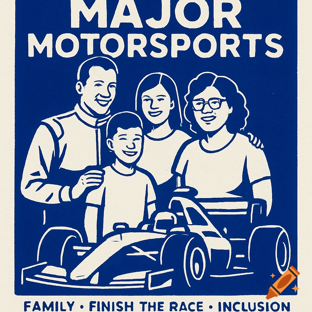 Illustration of a family and a race car with text 'Major Motorsports', 'Family', 'Finish the Race', 'Inclusion'.