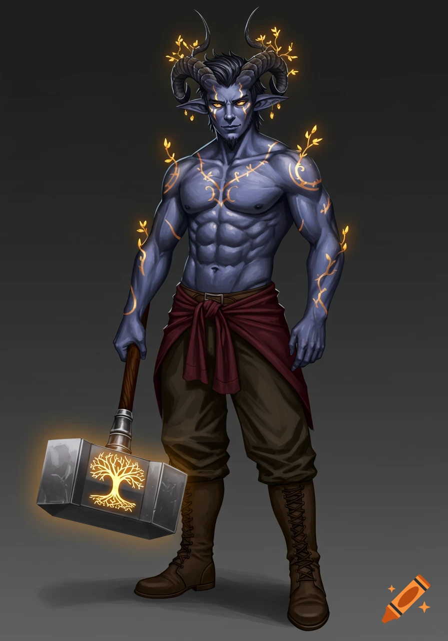 A blue-skinned fantasy man with horns and glowing vines holds a large hammer with a glowing tree symbol.