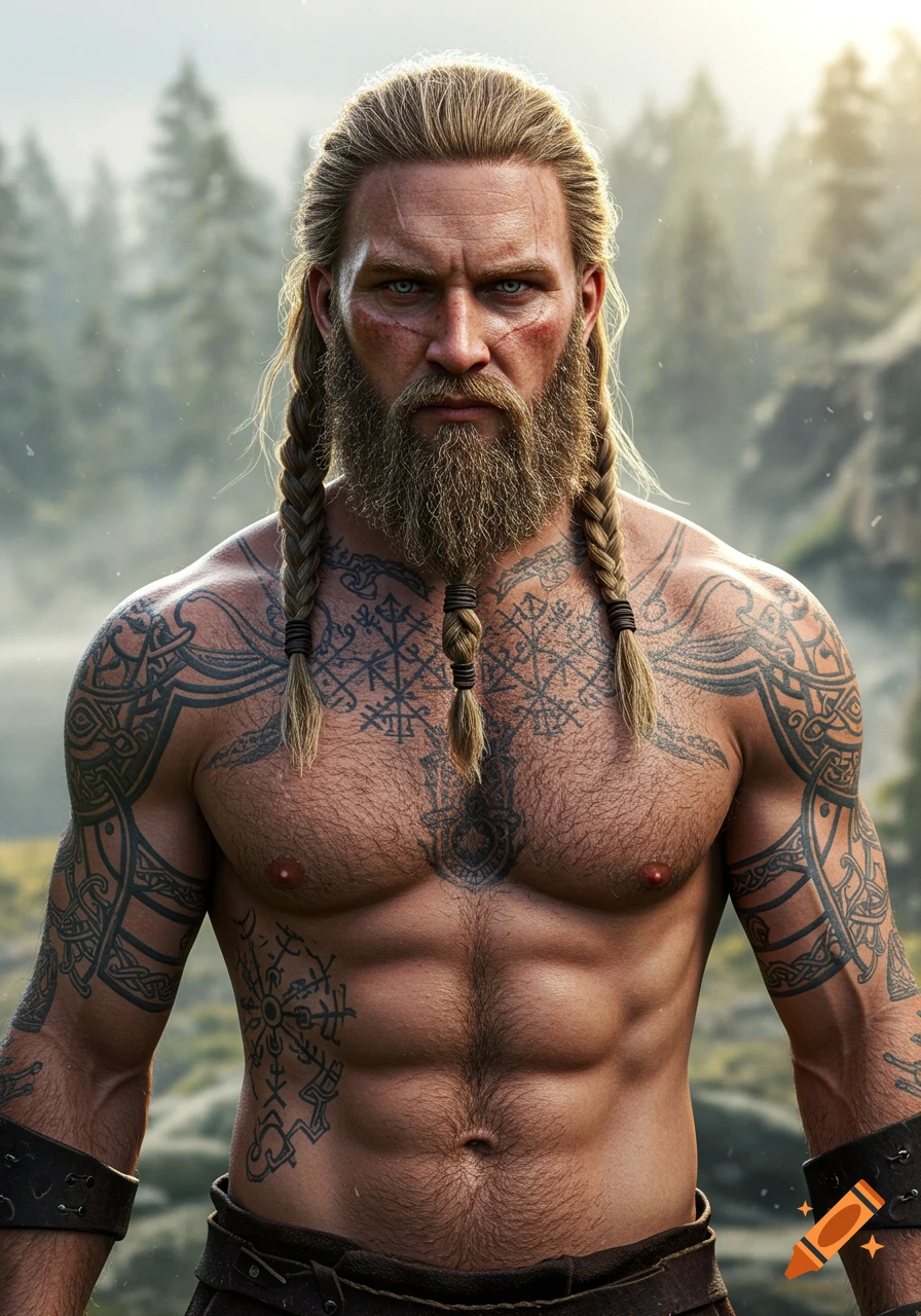 Realistic portrait of a muscular man with braids and tattoos, looking like a viking, in a forest.