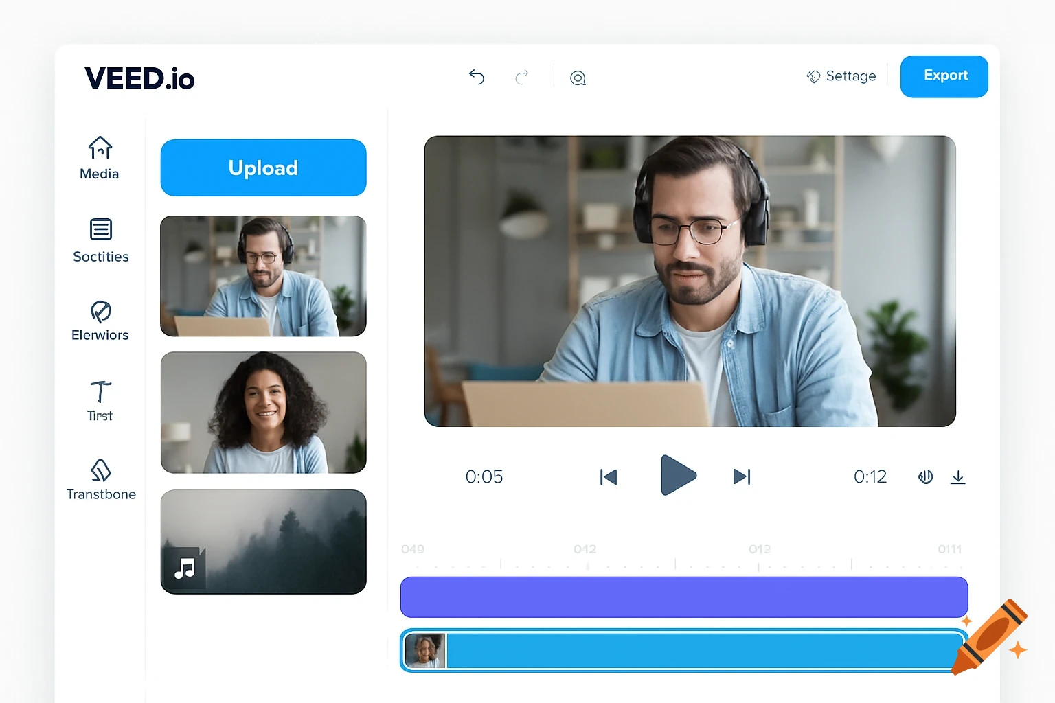 Screenshot of a video editing software interface with upload button, media library thumbnails, video preview, and timeline.