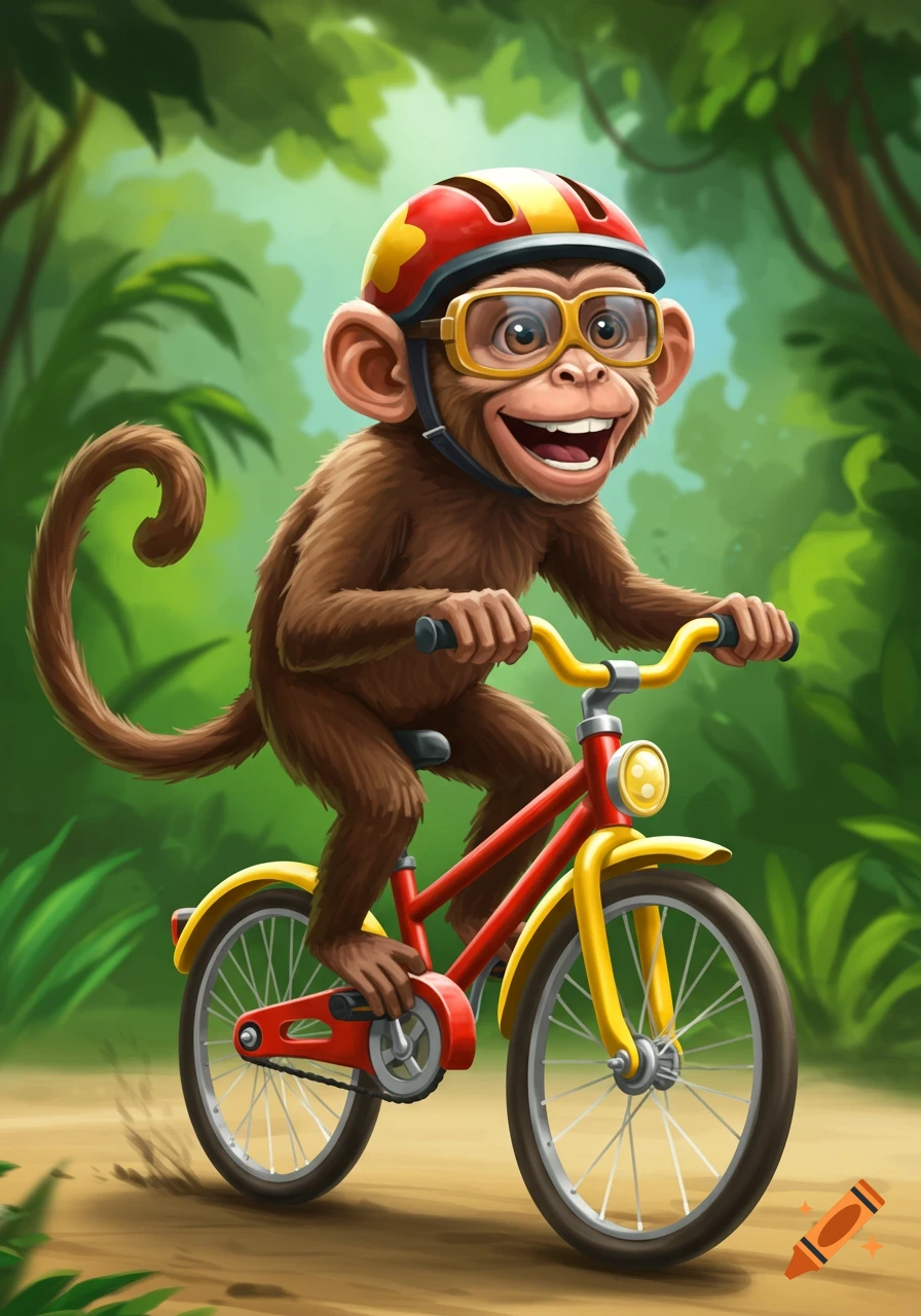 Cartoon monkey in a helmet and goggles riding a bicycle through a jungle path