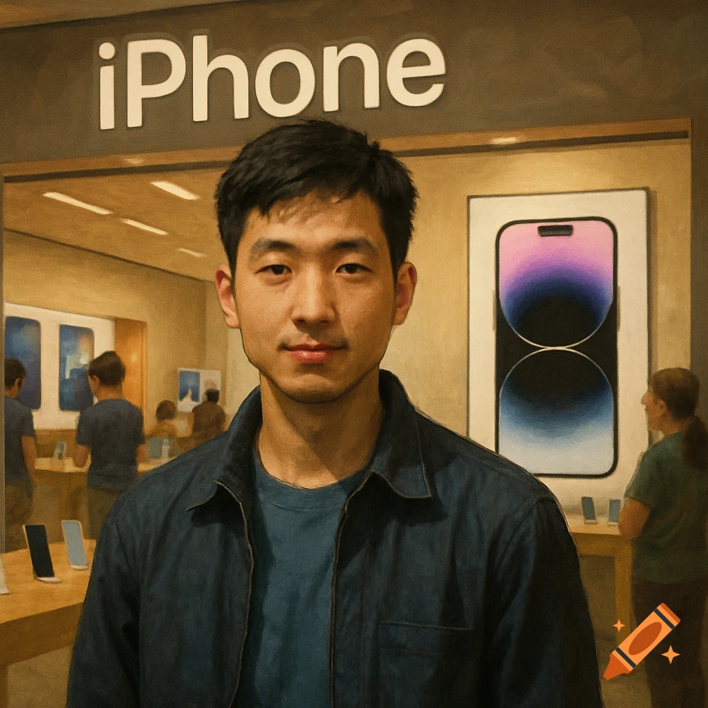 Asian man standing in an iPhone store with an 'iPhone' sign above him.