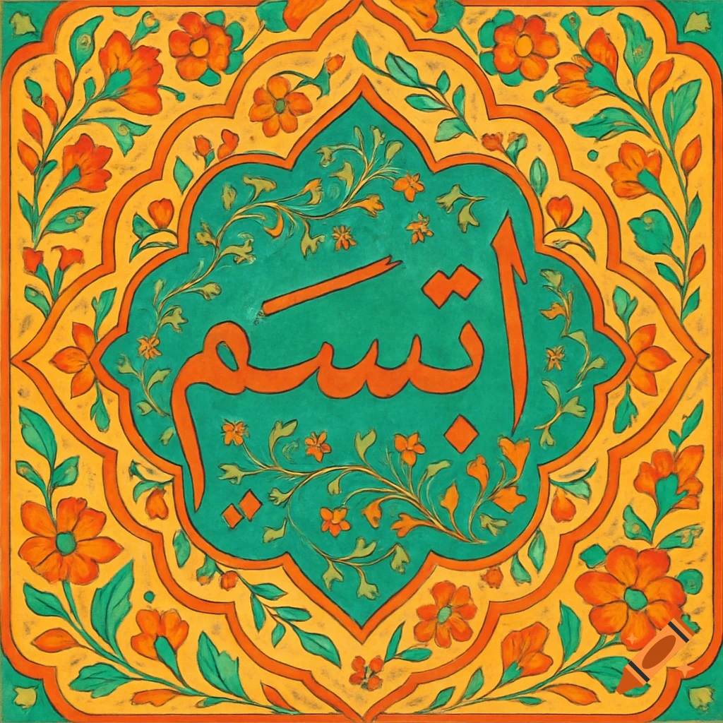 Islamic style decorative art with Arabic calligraphy 'smile' and floral patterns in orange, yellow, and teal.