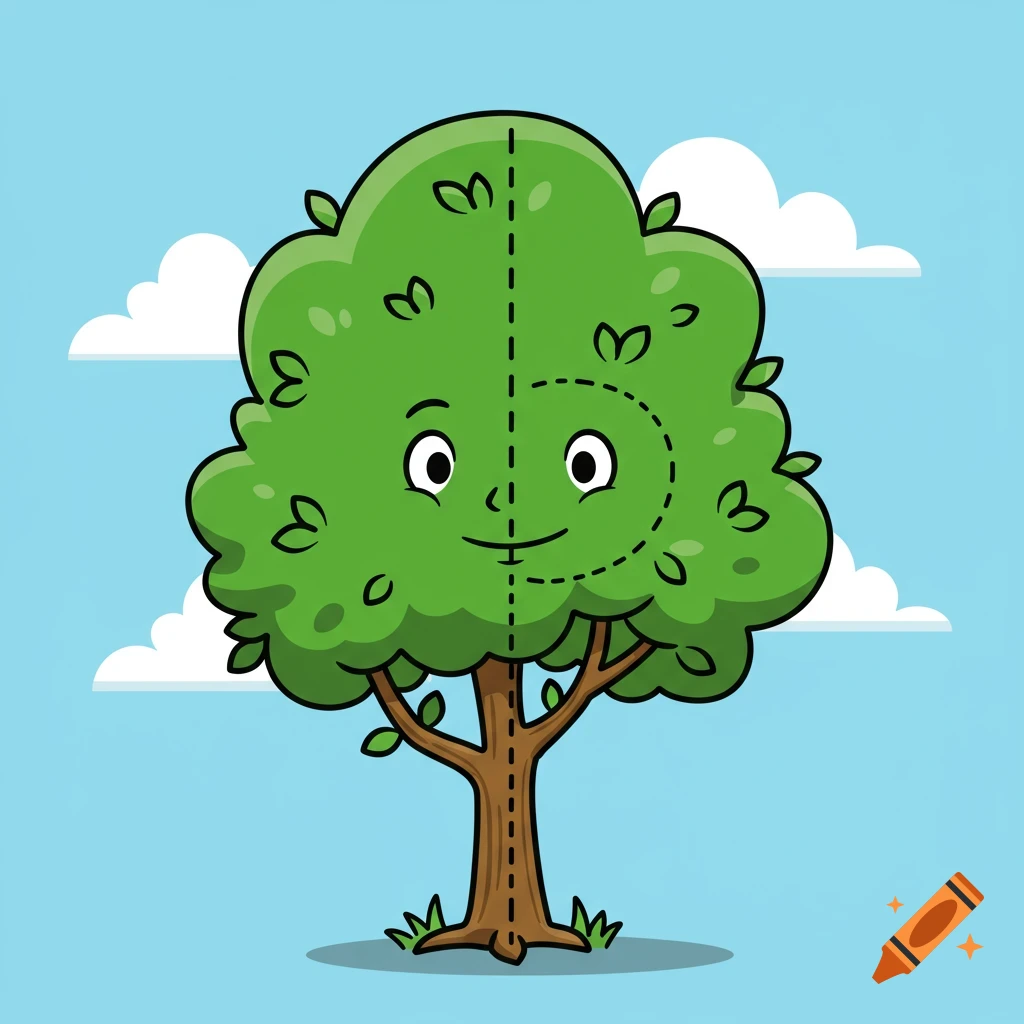 A cartoon illustration of a tree with a face, showing one side with dashed lines as if it were invisible.