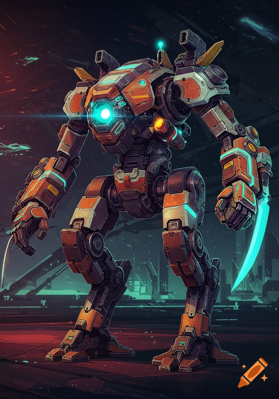 A detailed red and gray combat robot stands in a dark futuristic setting.