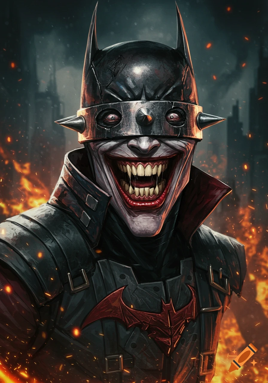 Close-up portrait of The Batman Who Laughs in armor with spiked visor, wide grin, and glowing eyes against a dark, fiery background.