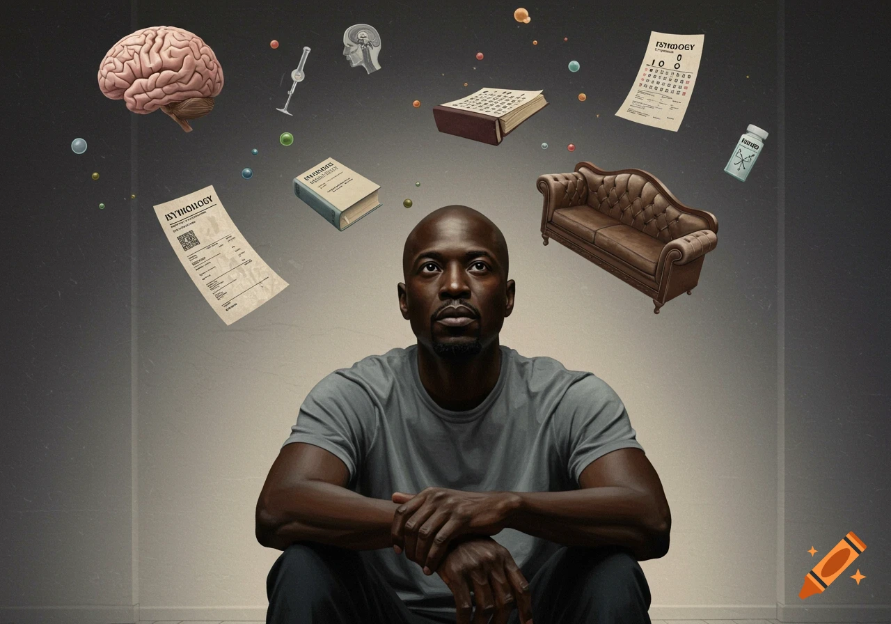 A man sits surrounded by floating psychology items like a brain, sofa, and books in a conceptual image.
