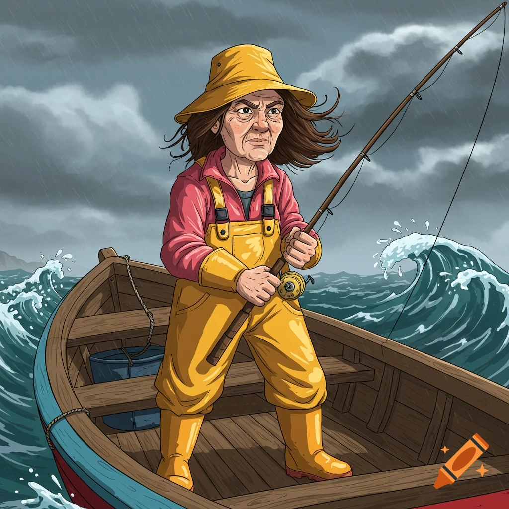 Cartoon woman fishing in a boat on a stormy sea