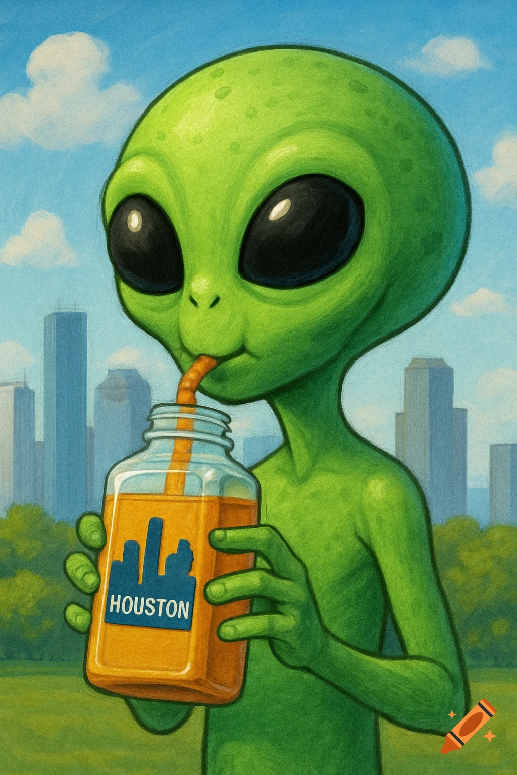 A green cartoon alien drinks juice from a bottle with the Houston skyline logo.