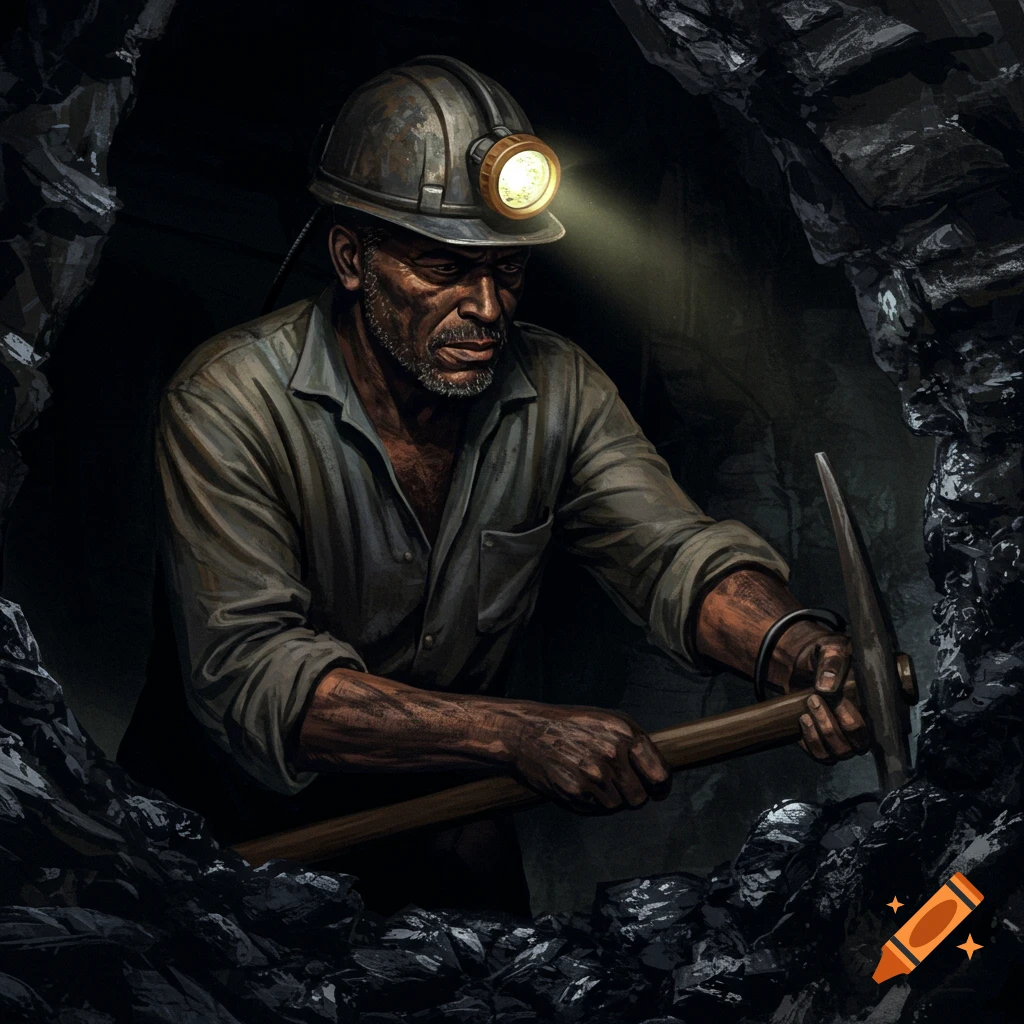 Illustration of a coal miner working in a dark tunnel with a pickaxe.