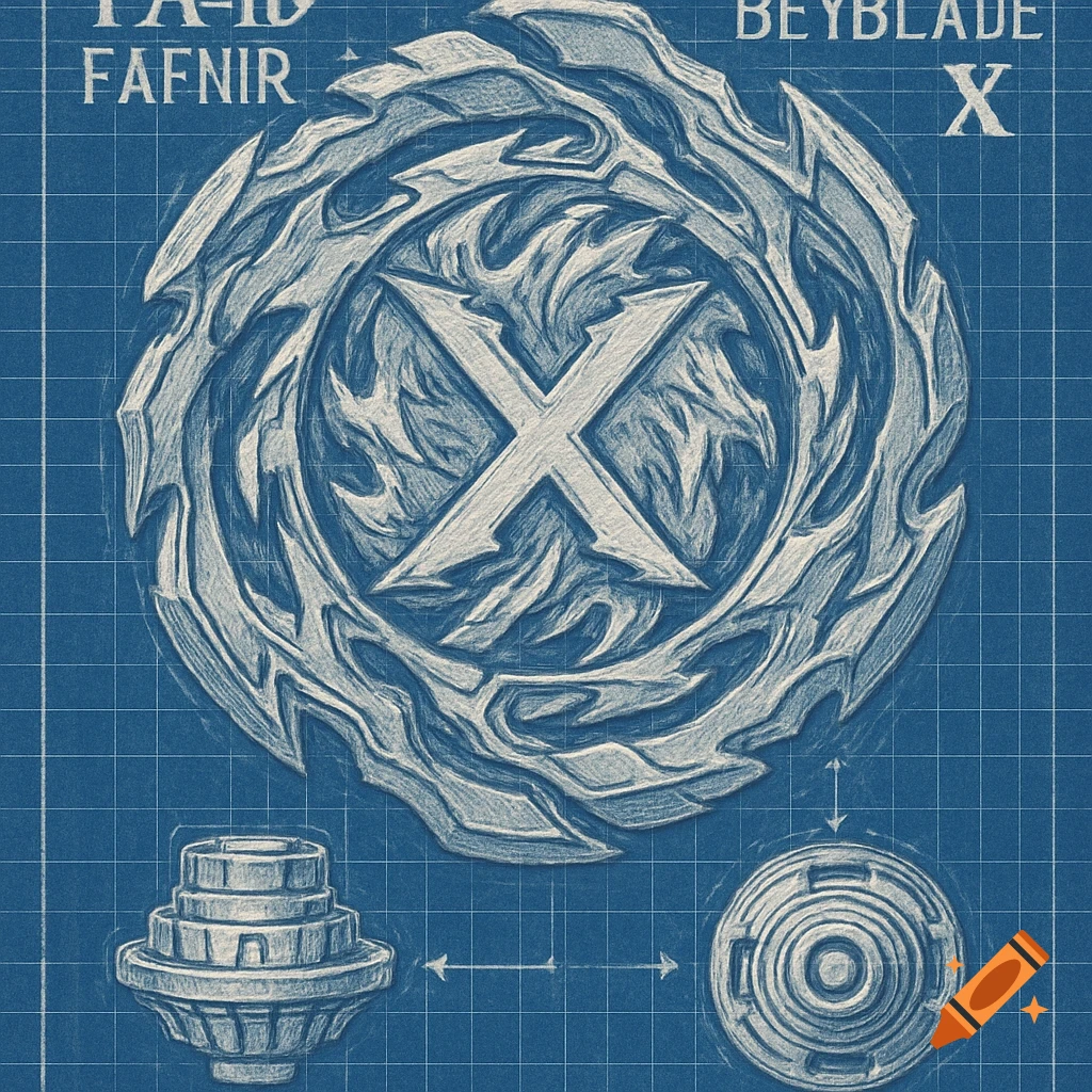 Blueprint sketch of a Beyblade, showing top, side, and bottom views.
