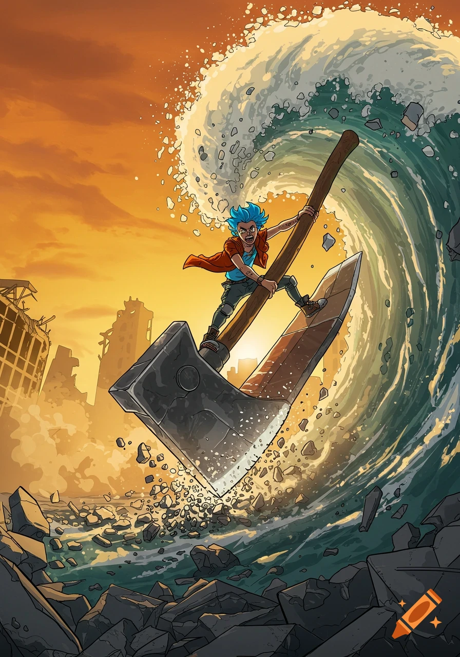 Character with blue hair surfs giant axe on a debris wave, stylized illustration.