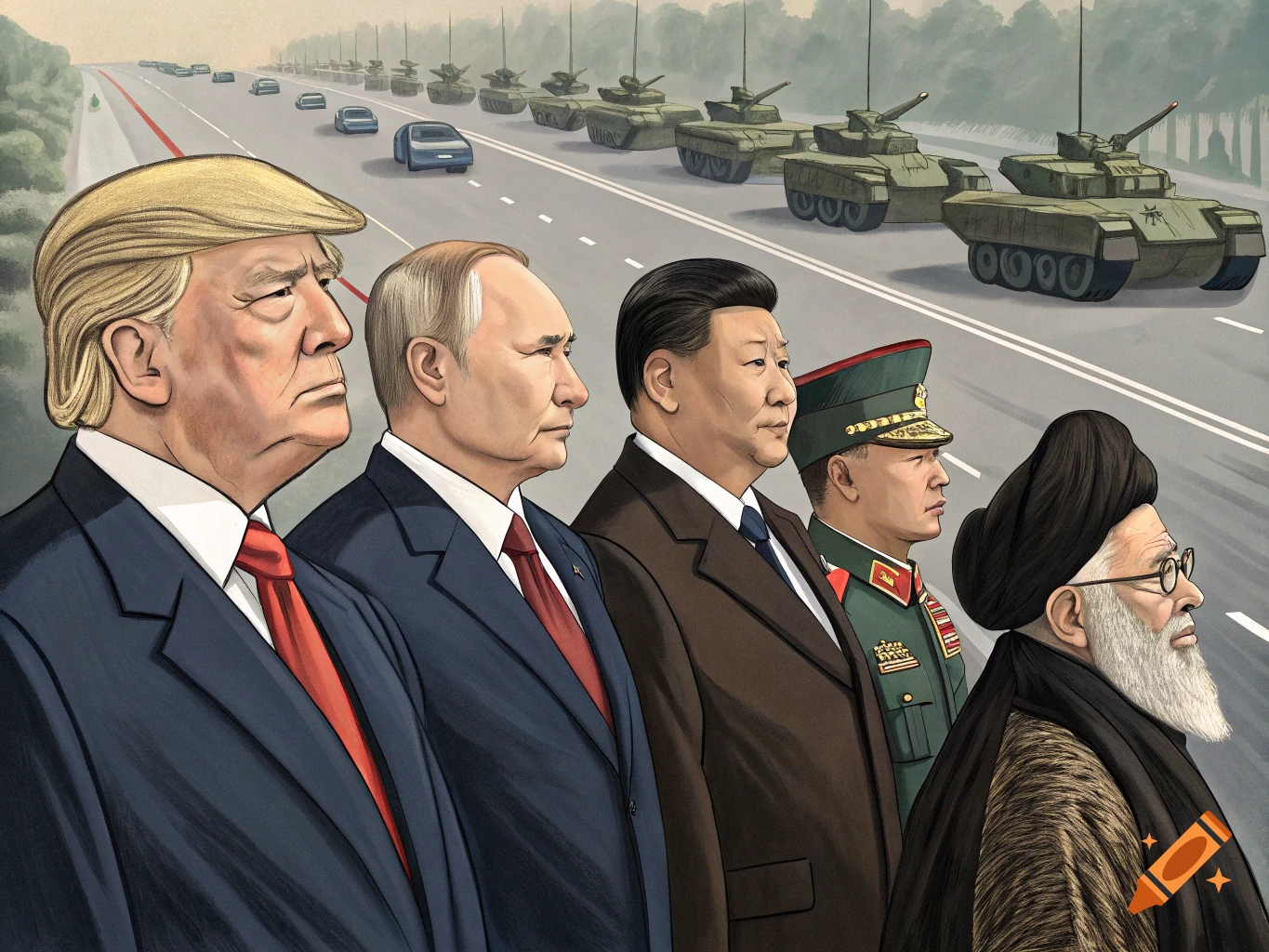 Illustrative depiction of Trump, Putin, Xi, a military general, and Khamenei watching a military parade on a highway.