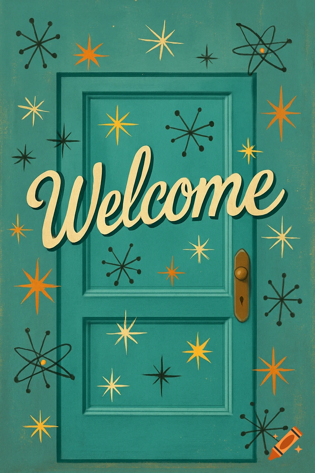 Retro mid-century modern teal door with gold script 'Welcome' and atomic starburst pattern.