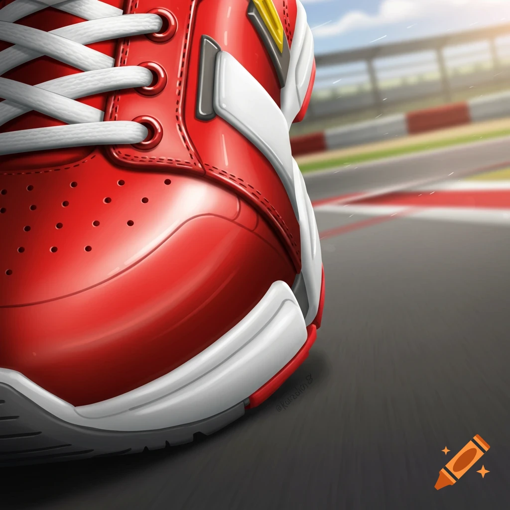 Close-up of a red and white running shoe on a race track.