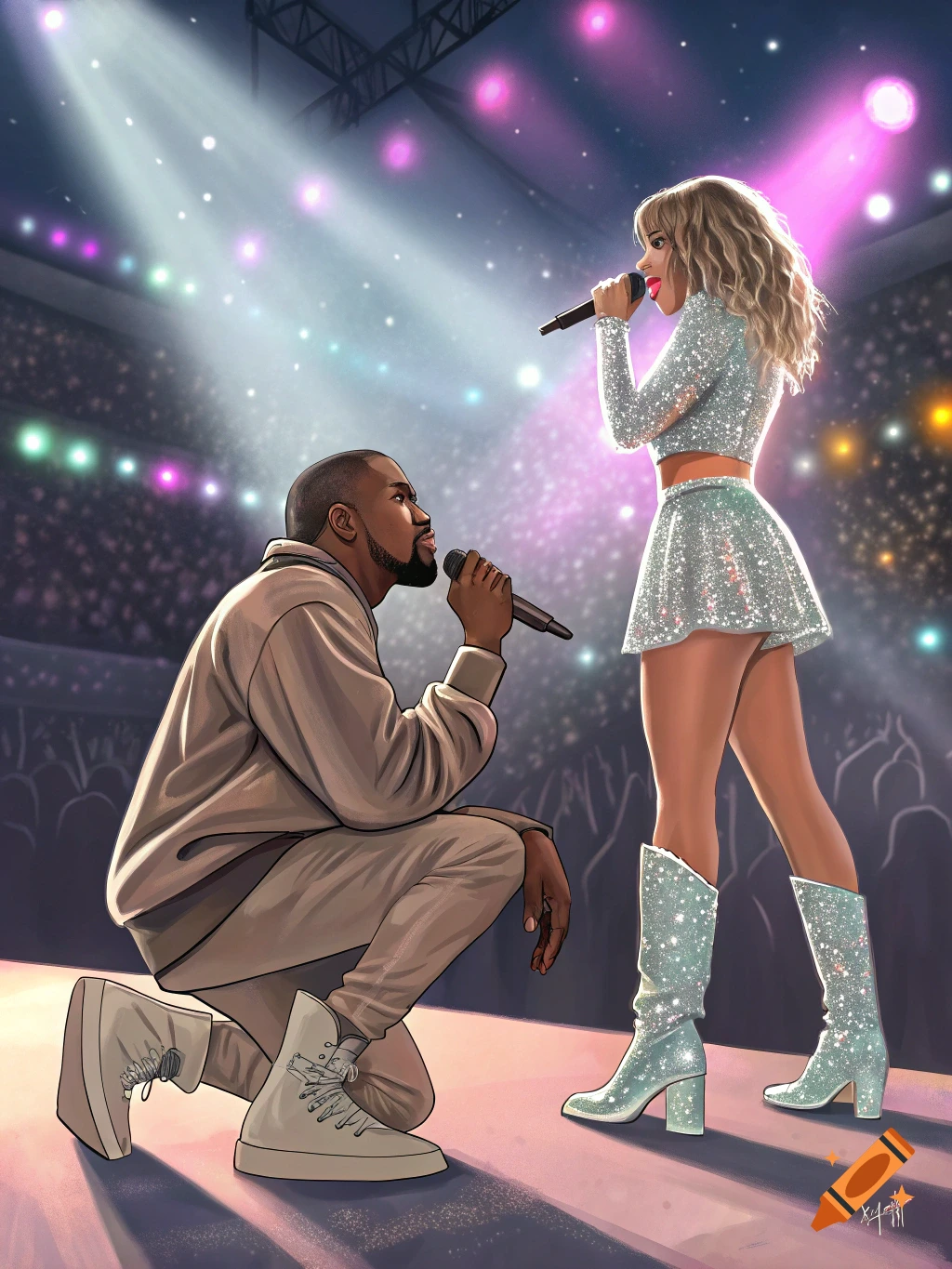 Stylized illustration of Kanye West kneeling on stage looking up at Taylor Swift singing into a microphone.