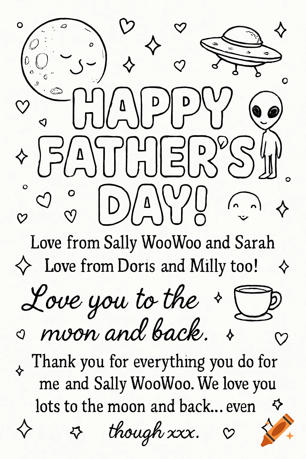 Happy Father's Day coloring page with text, moon, alien, spaceship, hearts, and stars.