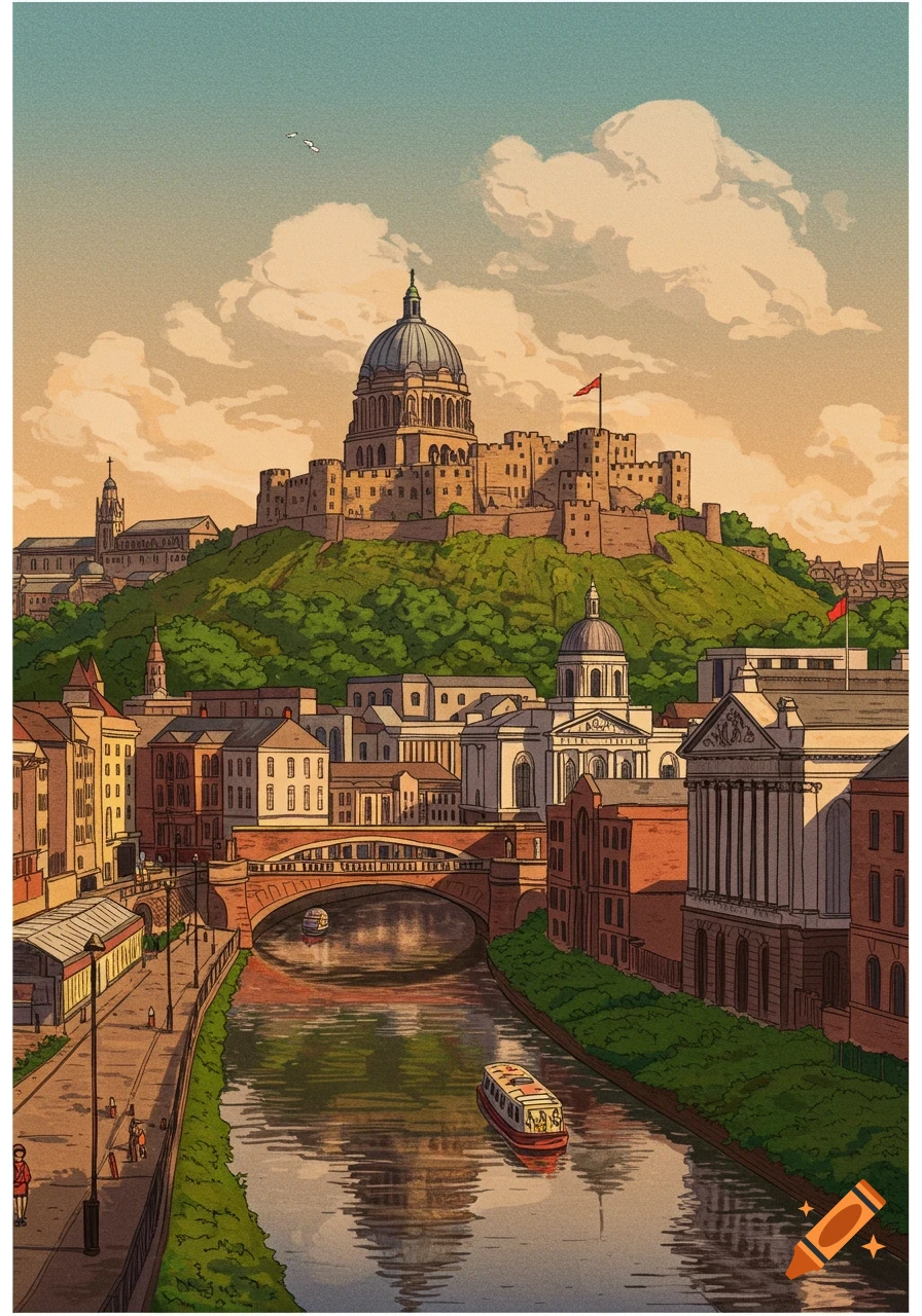 An illustration of a city with a large domed building and castle on a ...
